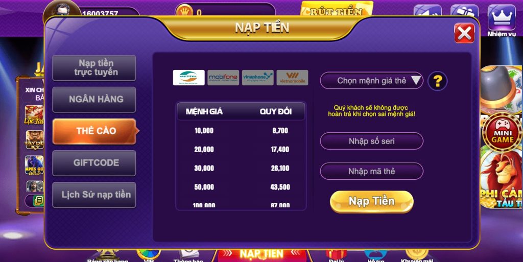 Thực hiện nạp tiền bằng phương thức thẻ cào tại 68 game bài